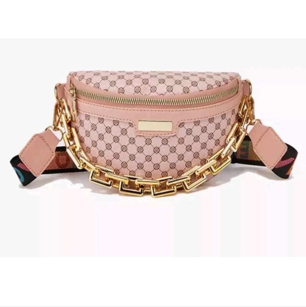 Fanny Pack Pink Belt Bag Love Logo Canvas Strap Chain Geometric Bum Bag Travel